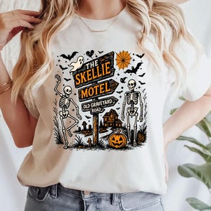 The Skellie Motel Funny Halloween Shirt, Funny Skeleton Halloween Fall T Shirt, Halloween Humor Shirt, Trendy Halloween shirt