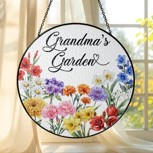 Custom Family Birth Flowers Glass Suncatcher, Mother&#39;s Day Gift, Grandma&#39;s Garden Decor, Flower Glass Art, Botanical Art, Nana&#39;s Blessings
