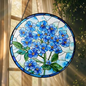 Forget-Me-Not Stained Glass Suncatcher, Forget-Me-Not Flower Window Hanging Decor, Memorial Flower Sun Catcher, Botanical Glass Ornament