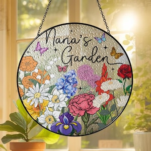 Custom Family Birth Flowers Glass Suncatcher, Mother&#39;s Day Gift, Grandma&#39;s Garden Decor, Flower Glass Art, Botanical Art, Nana&#39;s Blessings