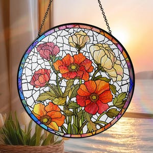 Poppy Flowers Suncatcher, Stained Glass Plant Home Decor, Unique Botanical Art Window Hanging, Artistic Poppy, Memory Day, Poppy Suncatcher