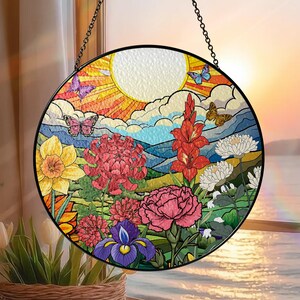 Wildflowers Sunset Stained Glass Style Window Hangings, Wall Decor, Housewarming Gift, Home Decor, Window Hanger