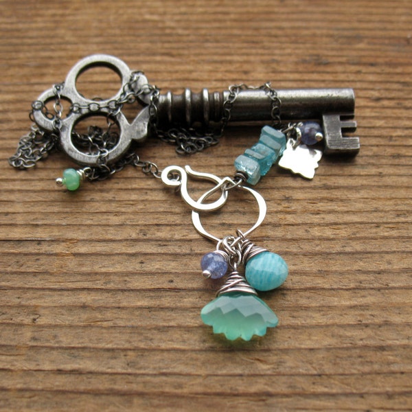 Chrysoprase, Amazonite, Tanzanite, & Apatite Gemstone and Sterling Silver Hook Clasp Necklace, Boho, Pieces of Summer, Charm, Stamped