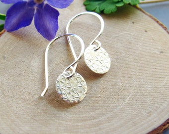 Silver Bouquet Earrings, Small Hand Stamped Silver Disc Earrings