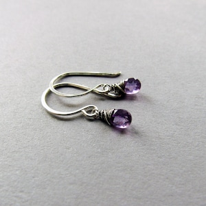May include: A pair of silver earrings with small purple amethyst stones.