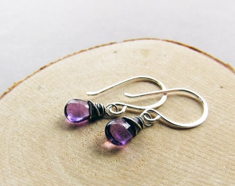 Dainty Amethyst Drop Earrings, February Birthstone Earrings, Sterling Silver