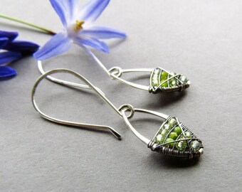 Green Leaf Earrings, Dainty Boho Gemstone Earrings, Sterling Silver