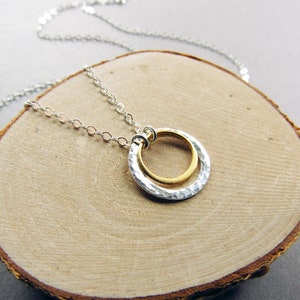 Mixed Metal Double Circle Necklace, Silver and Gold, Minimalist, Everyday Style, Gift for Her image 1