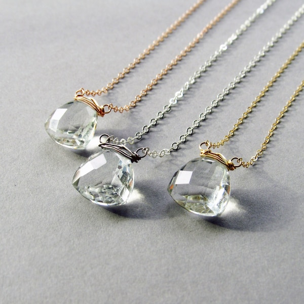 Glam Crystal Quartz Necklace, Sterling Silver, Rose Gold, or Yellow Gold