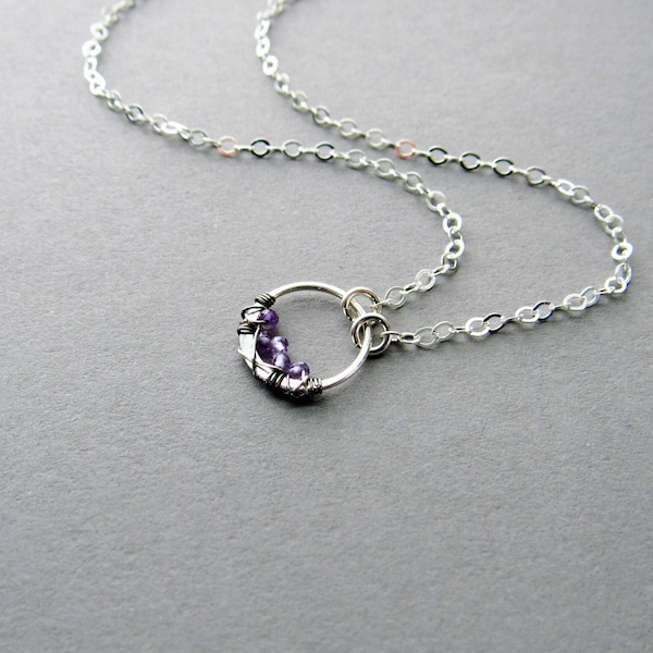 Dainty Amethyst Circle Necklace, Sterling Silver, February Birthstone Jewelry, Minimalist Style
