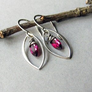 Pink Garnet Leaf Earrings, Sterling Silver, Rhodolite Garnet