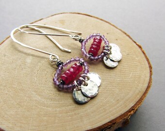 Ruby & Amethyst Fringe Earrings, Sterling Silver, Colorful Boho Jewelry Style