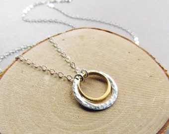 Mixed Metal Double Circle Necklace, Silver and Gold, Minimalist, Everyday Style, Gift for Her