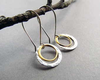 Mixed Metal Circle Earrings, Silver and Gold, Minimalist Metal Jewelry