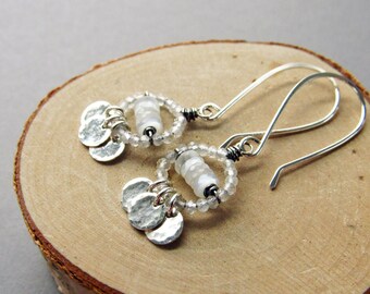 Elegant White Moonstone & Quartz Crystal Fringe Earrings, Sterling Silver, Boho Jewelry Style