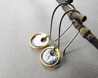 Mixed Metal Circle Earrings, Gold and Silver, Lightweight Everyday Jewelry