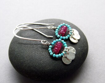 Ruby & Turquoise Fringe Earrings, Sterling Silver, Colorful Boho Jewelry Style