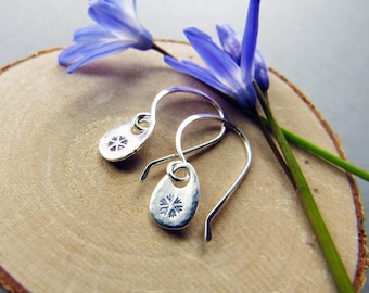 Small Stamped Silver Flower Earrings, Casual Everyday Style, Lightweight, Dainty, Sterling Drops