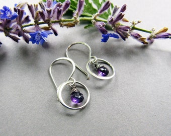 Amethyst Circle Earrings, February Birthstone Gift for Her, Sterling Silver, Minimalist, Dainty Jewelry