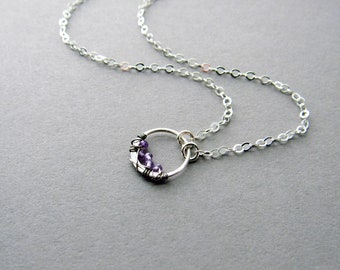 Dainty Amethyst Circle Necklace, Sterling Silver, February Birthstone Jewelry, Minimalist Style