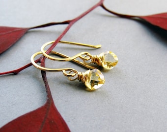 Small Gold Citrine Earrings, 14kt Gold Fill, Natural Gemstone Jewelry, November Birthstone