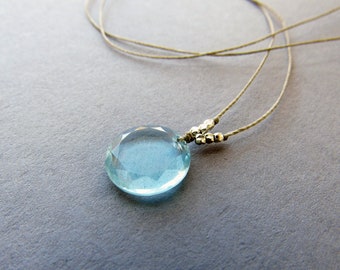 Aquamarine Coin Necklace, March Birthstone Gift for Her, Sterling Silver, Minimalist