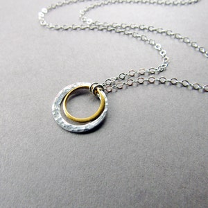 Mixed Metal Double Circle Necklace, Silver and Gold, Minimalist, Everyday Style, Gift for Her image 3