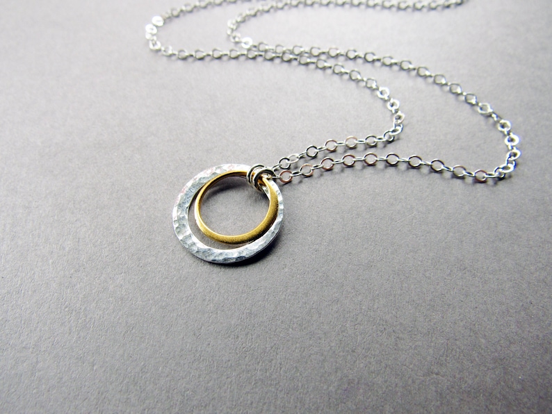 Mixed Metal Double Circle Necklace, Silver and Gold, Minimalist, Everyday Style, Gift for Her image 3