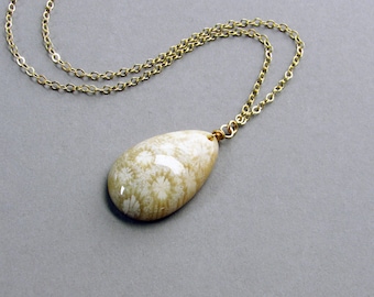 Fossilized Coral Pendant Necklace, 14k Gold Fill, Natural Stone, Gift for Her