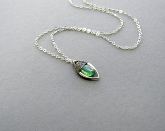 Green Kyanite Leaf Necklace, Sterling Silver, Spring Jewelry Gift for Her