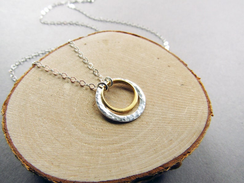 Mixed Metal Double Circle Necklace, Silver and Gold, Minimalist, Everyday Style, Gift for Her image 1