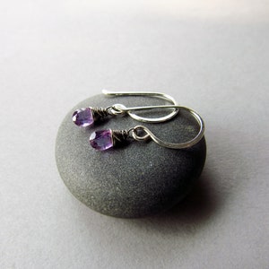K&ouml;nnte beinhalten: Ein Paar silberne Ohrringe mit kleinen violetten Amethyststeinen, die unten h&auml;ngen.