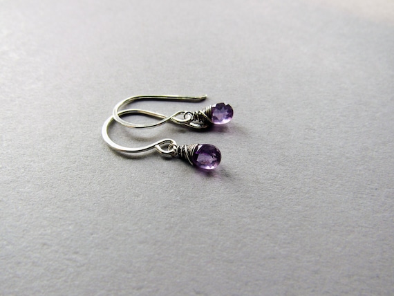 Tiny Amethyst Drop Earrings, Sterling Silver, February Birthstone Jewelry