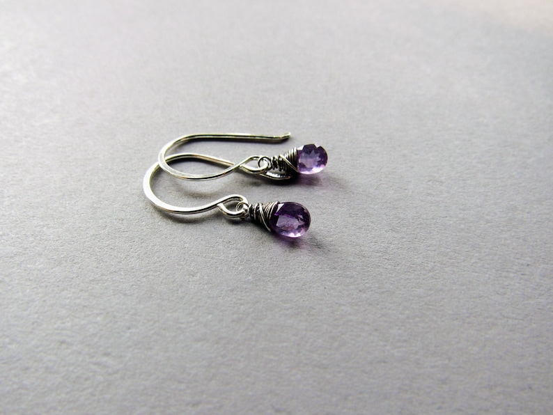 K&ouml;nnte beinhalten: Ein Paar silberne Ohrringe mit kleinen violetten Amethyststeinen.