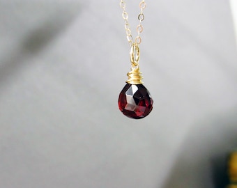 Garnet and Gold Drop Necklace, Natural Gemstone Jewelry, January Birthstone