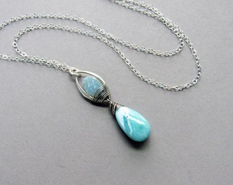 Aqua Druzy & Larimar Necklace, Sterling Silver, Gemstone Jewelry, Gift for Her