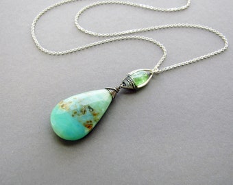 Peruvian Opal & Green Kyanite Pendant Necklace, Sterling Silver, Gift for Mom, Boho Jewelry