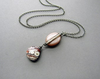 Peach Moonstone, Bird's Eye Jasper, & Pearl Pendant Necklace, Sterling Silver, Natural Stone Jewelry