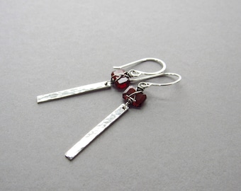 Garnet & Sterling Silver Bar Earrings, January Birthstone Gift for Her #2