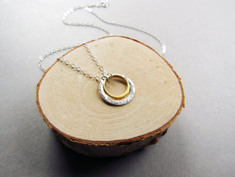 Mixed Metal Double Circle Necklace, Silver and Gold, Minimalist, Everyday Style, Gift for Her image 5