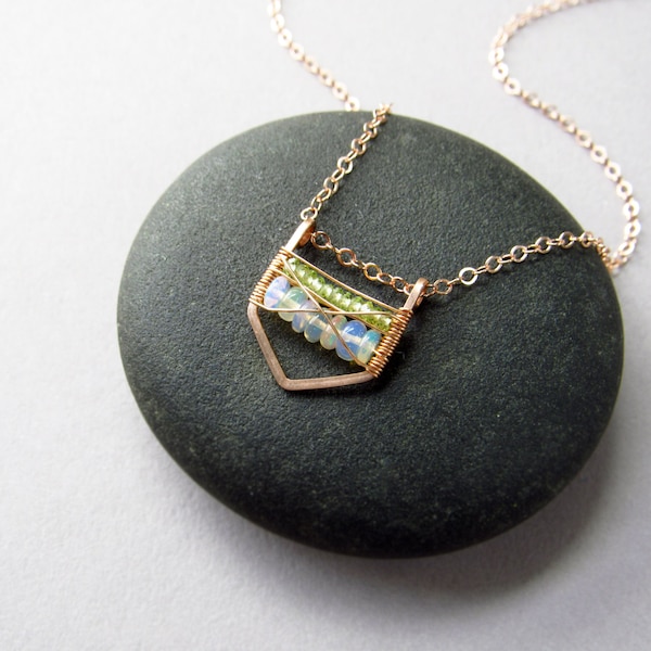 Dainty Rose Gold Chevron Necklace, Ethiopian Opal, Peridot, Gemstone Jewelry