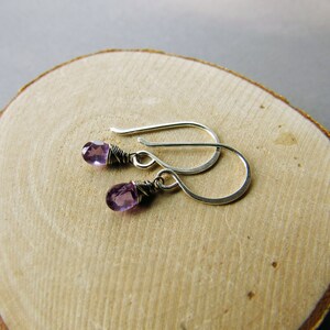K&ouml;nnte beinhalten: Ein Paar silberne Ohrringe mit kleinen violetten Amethyststeinen.