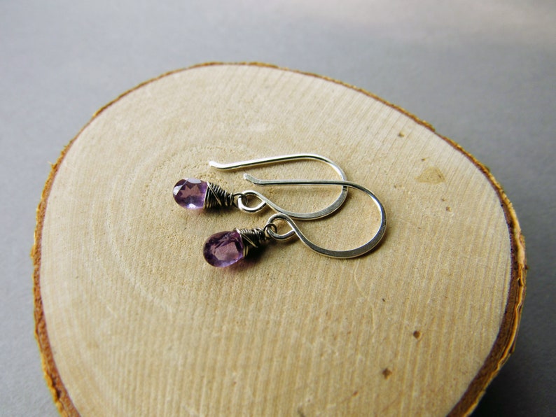 K&ouml;nnte beinhalten: Ein Paar silberne Ohrringe mit kleinen violetten Amethyststeinen.