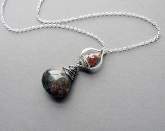 Sapphire & Moss Agate Necklace, Unique Sterling Silver Wire Wrapped Jewelry