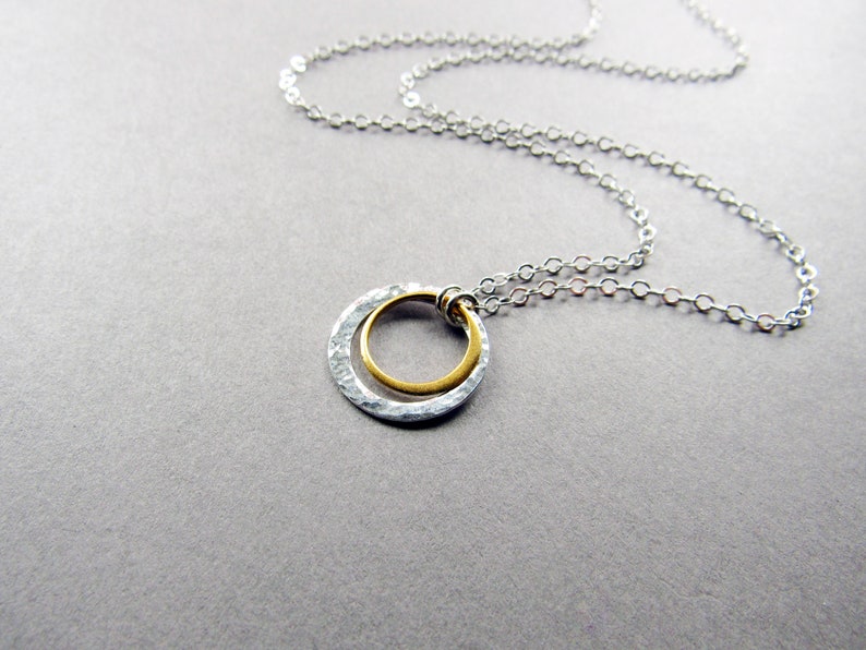 Mixed Metal Double Circle Necklace, Silver and Gold, Minimalist, Everyday Style, Gift for Her image 6