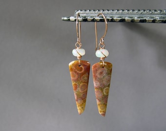 Opal, Fossilized Coral & 14k Rose Gold Fill Statement Earrings, Natural Gemstone Jewelry