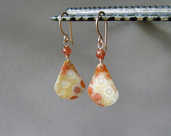 Fossilized Coral, Spinel, & 14k Rose Gold Fill Statement Earrings, Natural Gemstone Jewelry