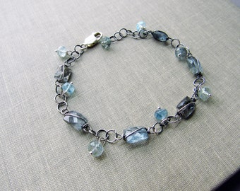Moss Aquamarine Link Bracelet, Sterling Silver, March Birthstone Gift for Her
