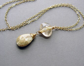 Rutile Quartz, Opal, & Fossilized Coral Pendant Necklace, 14k Gold Fill, Dainty Jewelry, Gift for Her