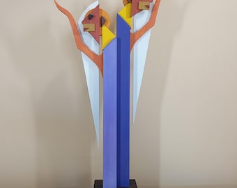 Modern Minimalist Wood Sculpture: Hand painted Abstract Purple Figures, Statue for Living Room & Shelf
